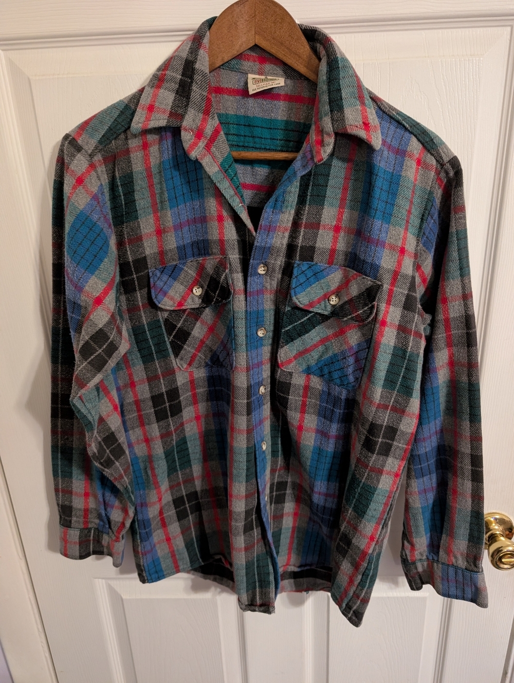 Vintage Five Brother Mens Shirt Gray Blue Plaid Flannel Union Size Medium Tall